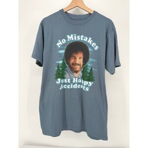 Bob Ross Graphic T-Shirt Mens Large Blue No Mistakes Just Happy Accidents‎ Tee